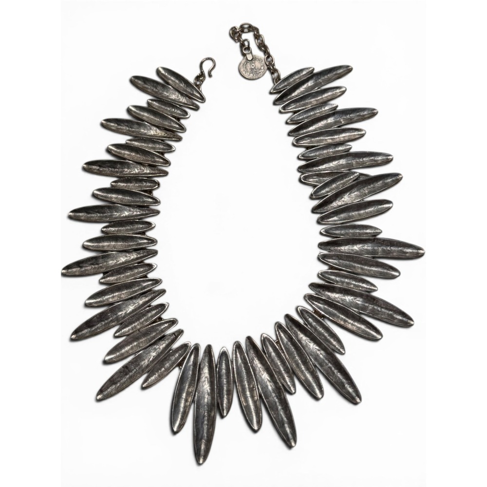 QuiQuattro‎ "Leaf" Silver Plated Hammered Spike Statement Bib Necklace